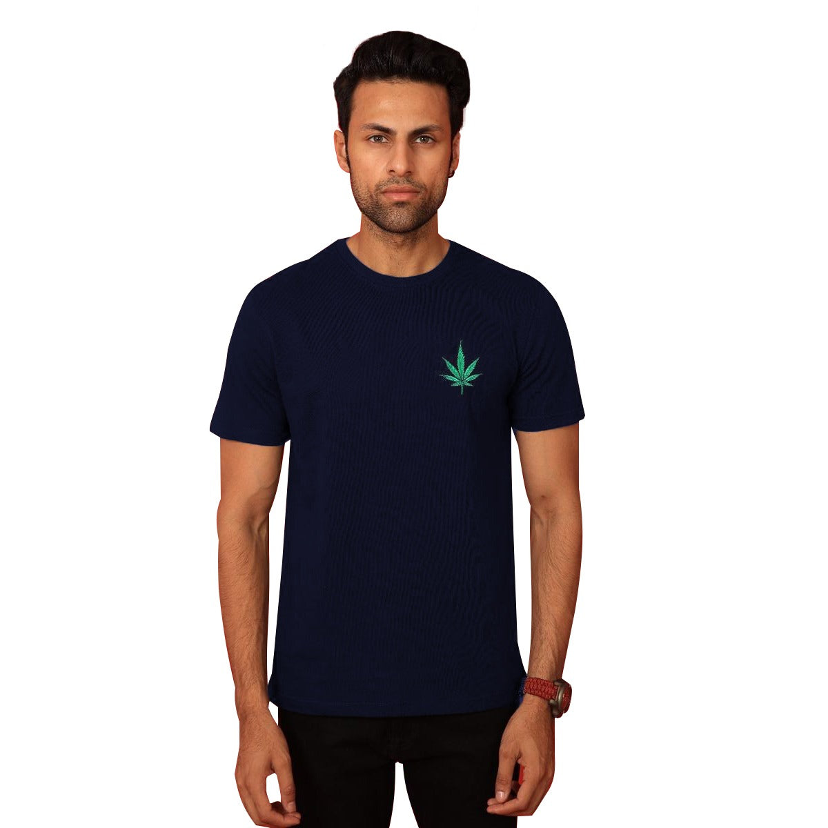Leaf Embroidered Men Tee Shirt - Navy