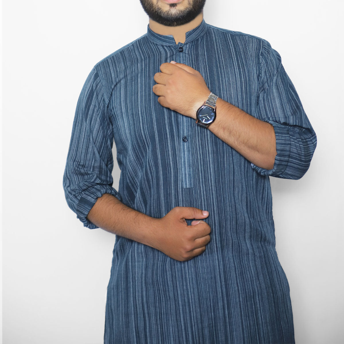 MENS NAVY LINING KHADDI COTTON KURTA